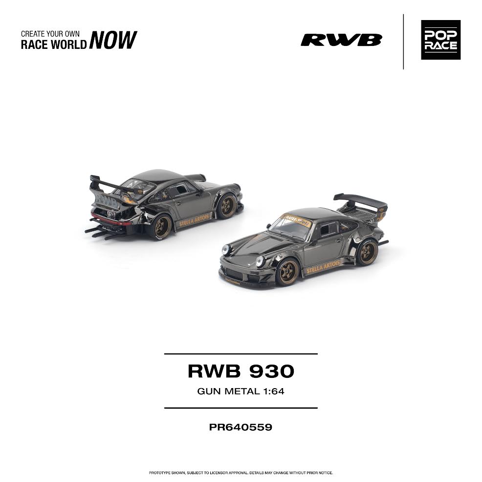 Pop Race RWB 930 Gun Metal 1:64, vistas delantera y trasera