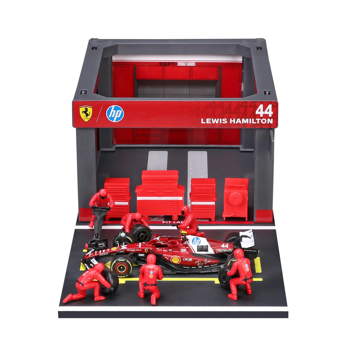 BBURAGO 1/43 FERRARI SF-25 #44 LEWIS HAMILTON – PIT STOP DIORAMA 2025 (18-36865-44)