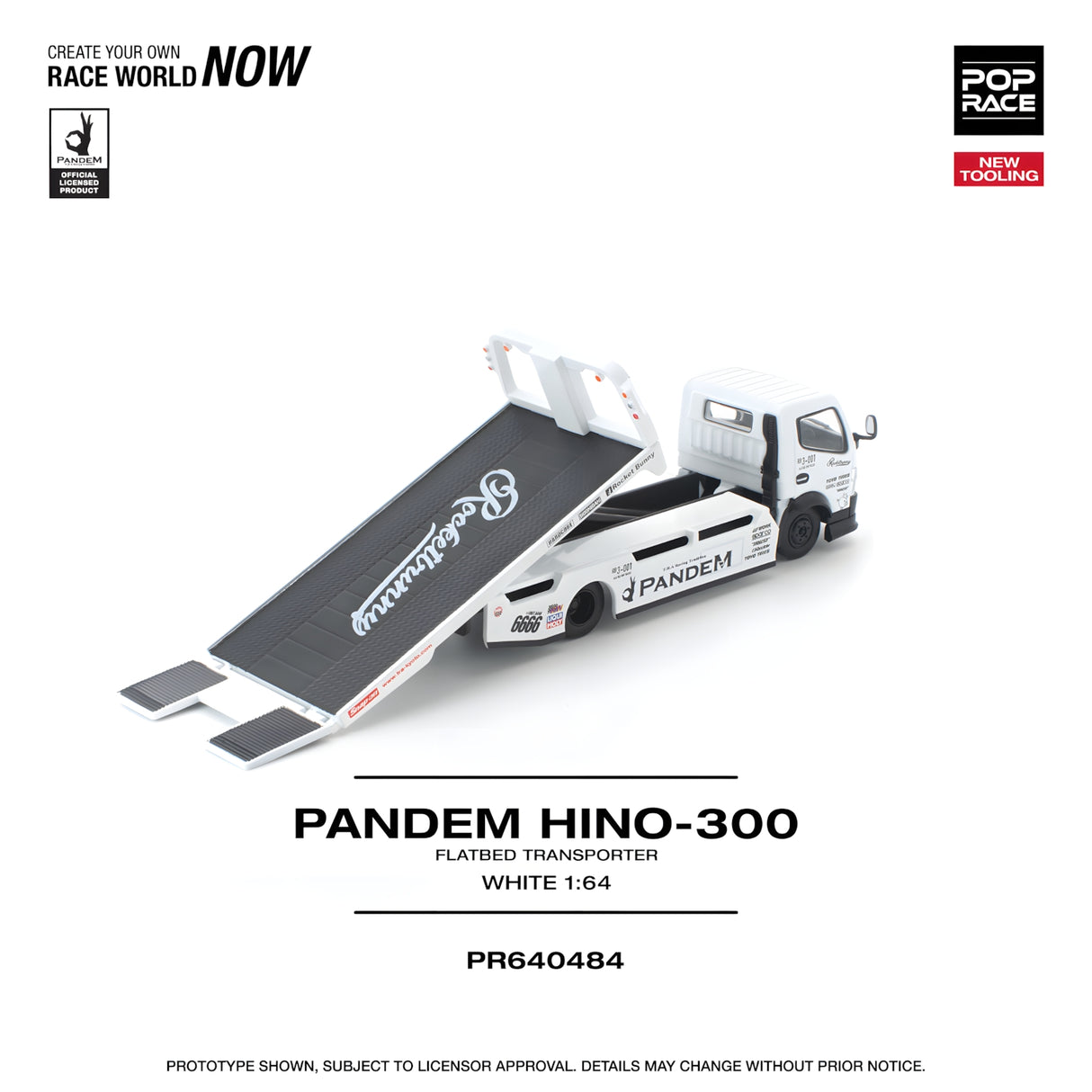 POPRACE 1/64 PANDEM HINO 300 FLATBED TRANSPORTER WHITE NEW TOOLING (PR640484)