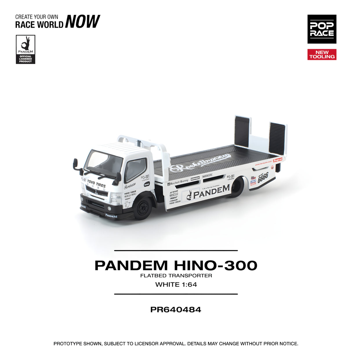 POPRACE 1/64 PANDEM HINO 300 FLATBED TRANSPORTER WHITE NEW TOOLING (PR640484)