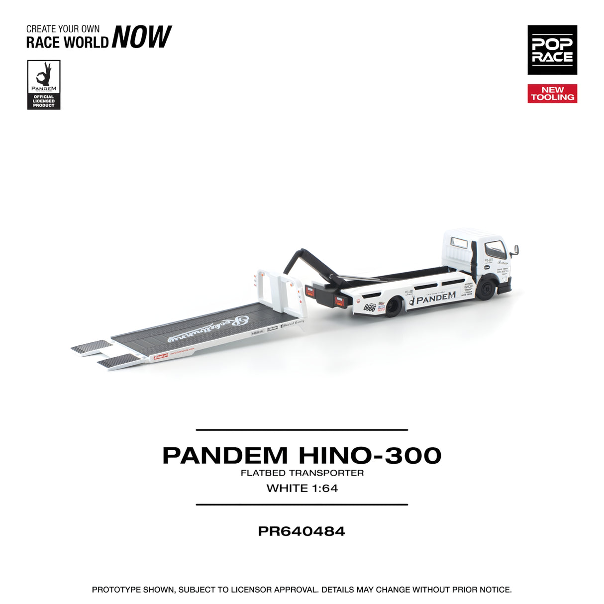 POPRACE 1/64 PANDEM HINO 300 FLATBED TRANSPORTER WHITE NEW TOOLING (PR640484)