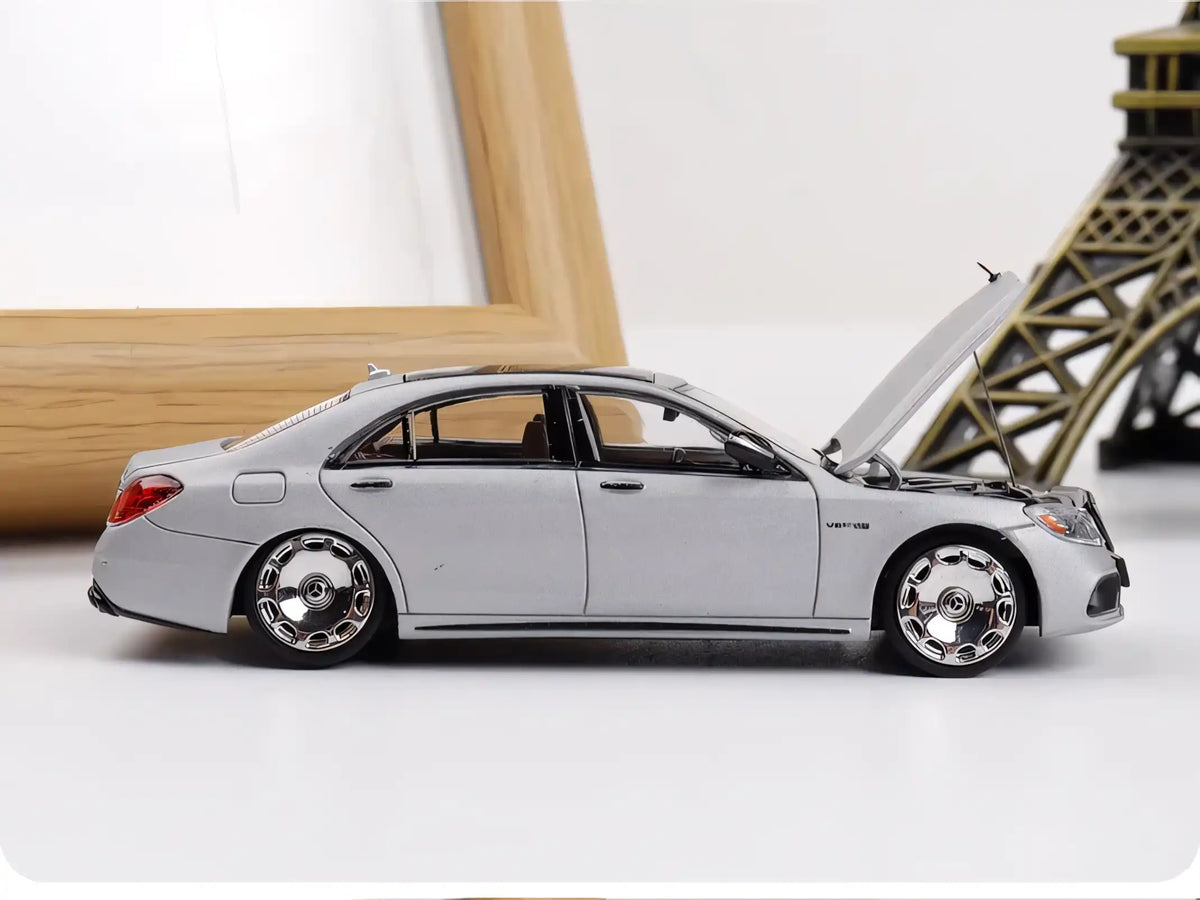 Rhino Model 1:64 AMG S63 S-Class MK6 W222 Grey with Low Ride Low Stance Wheels Openable Front Hood Detailed Engine