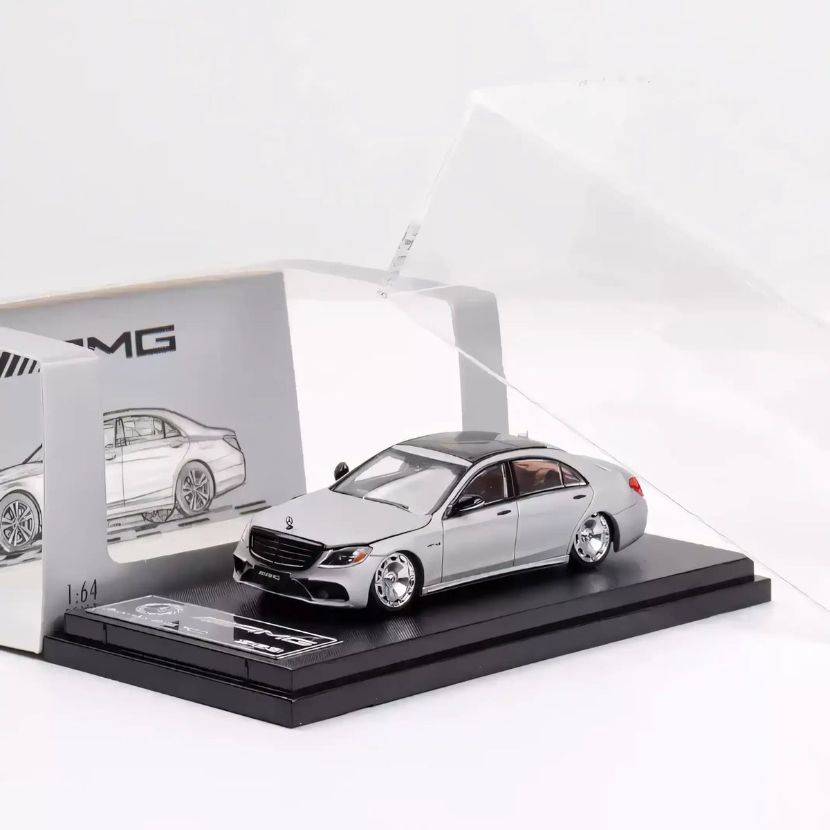 Rhino Model 1:64 AMG S63 S-Class MK6 W222 Grey with Low Ride Low Stance Wheels Openable Front Hood Detailed Engine