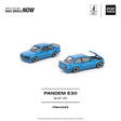 Pop Race BMW Pandem E30 azul 1:64, vistas delantera y trasera con capó abierto.