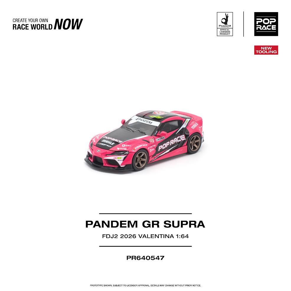 Pop Race Pandem GR Supra Valentina FDJ2 rosa a escala 1:64, vista delantera lateral.