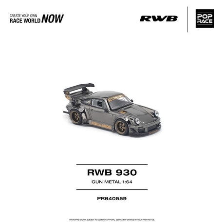 Pop Race RWB 930 Gun Metal 1:64, vista de tres cuartos delantera