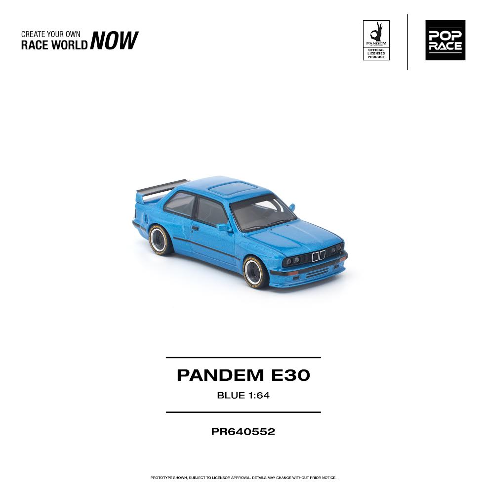 Pop Race BMW Pandem E30 azul 1:64, vista delantera lateral.