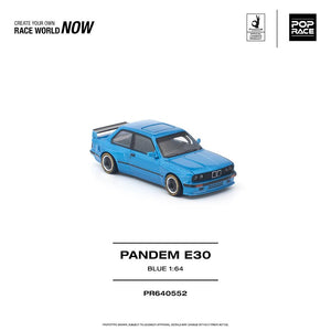 Pop Race BMW Pandem E30 azul 1:64, vista delantera lateral.