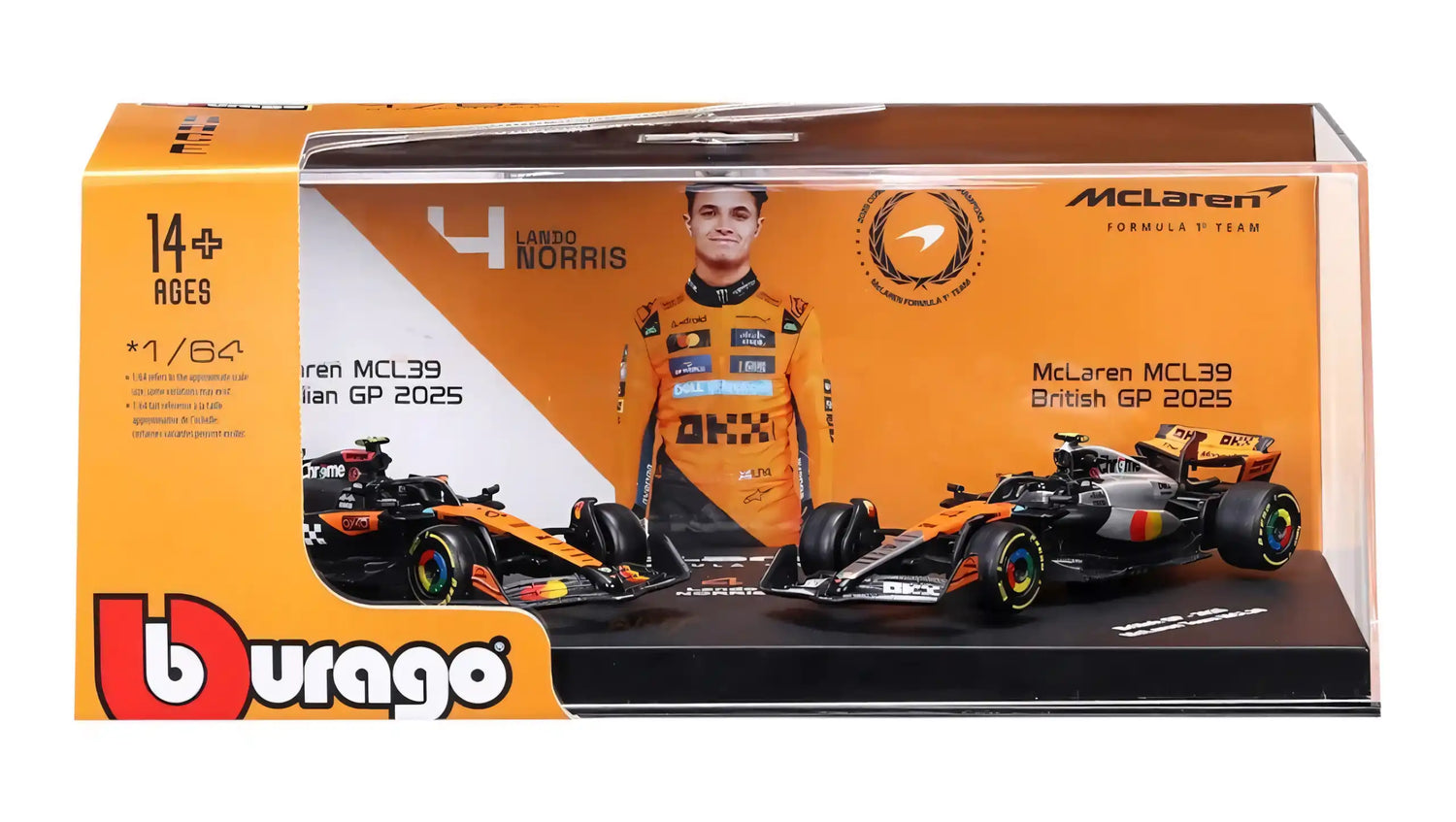 BBURAGO 1/64 MCLAREN MCL39 #4 LANDO NORRIS – SET 2 AUTOS 2025 (18-58019-N)