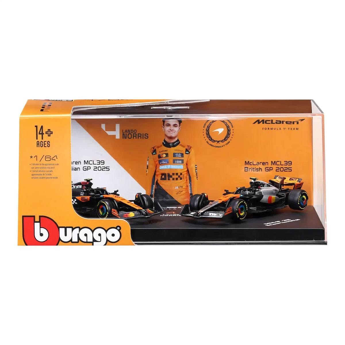 BBURAGO 1/64 MCLAREN MCL39 #4 LANDO NORRIS – SET 2 AUTOS 2025 (18-58019-N)