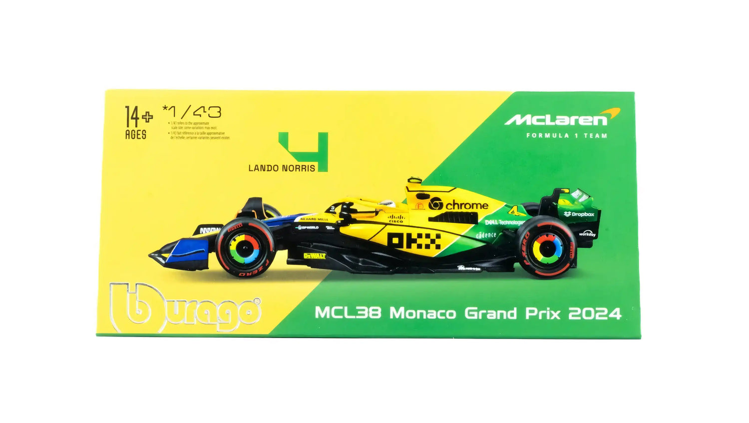 BBURAGO McLaren 1/43 F1 MCL38 #4 Lando Norris Senna Tribute Monaco GP 2024 (18-38215-N-SENNA)