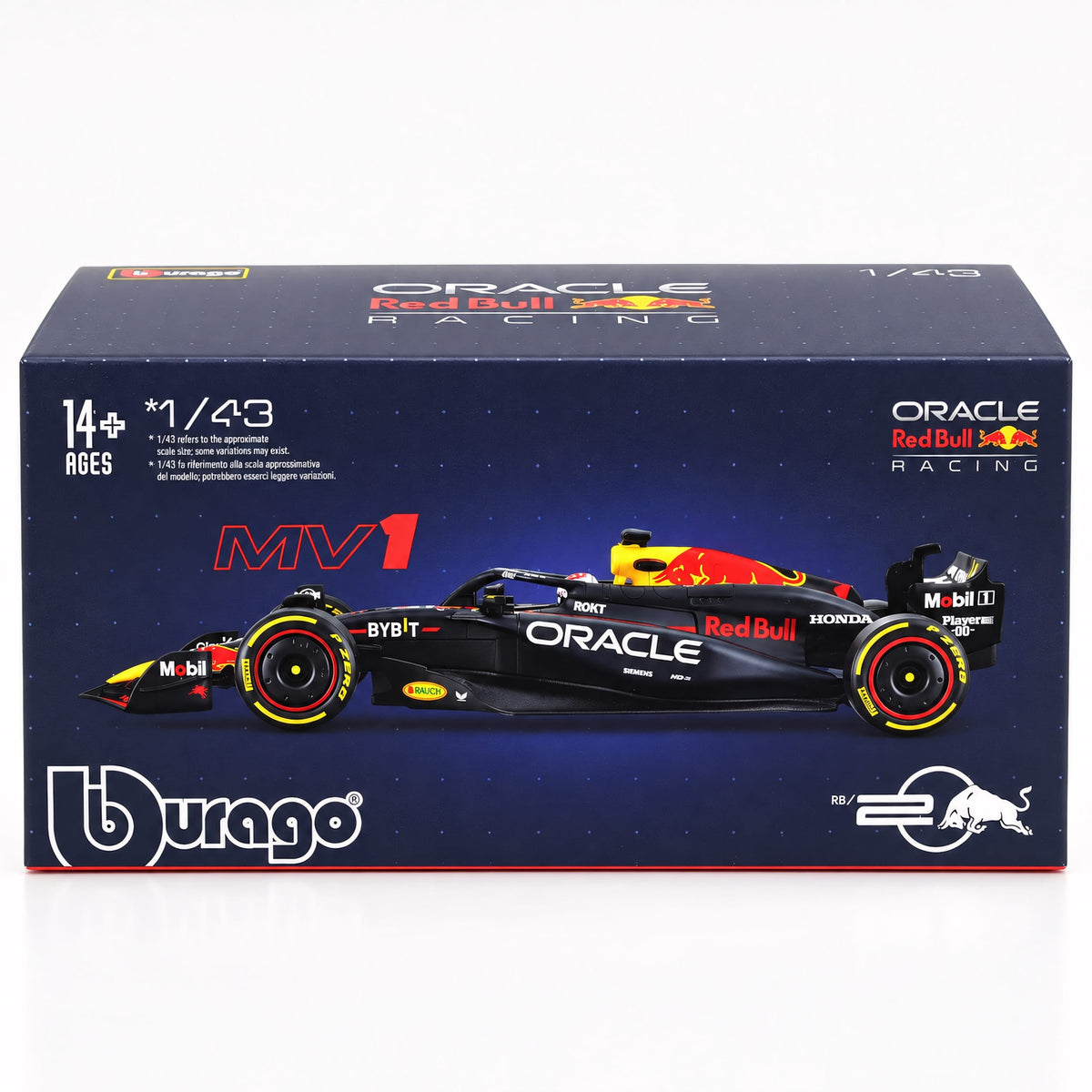 BURAGO - 1/43 - RED BULL - F1 RB20 TEAM ORACLE RED BULL RACING N 1 WORLD CHAMPION SEASON 2024 MAX VERSTAPPEN - WITH PILOT AND SHOWCASE - BLUE YELLOW RED (18-38098-V)