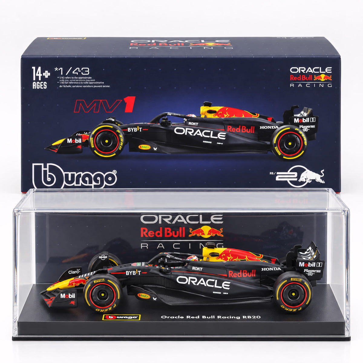 BURAGO - 1/43 - RED BULL - F1 RB20 TEAM ORACLE RED BULL RACING N 1 WORLD CHAMPION SEASON 2024 MAX VERSTAPPEN - WITH PILOT AND SHOWCASE - BLUE YELLOW RED (18-38098-V)