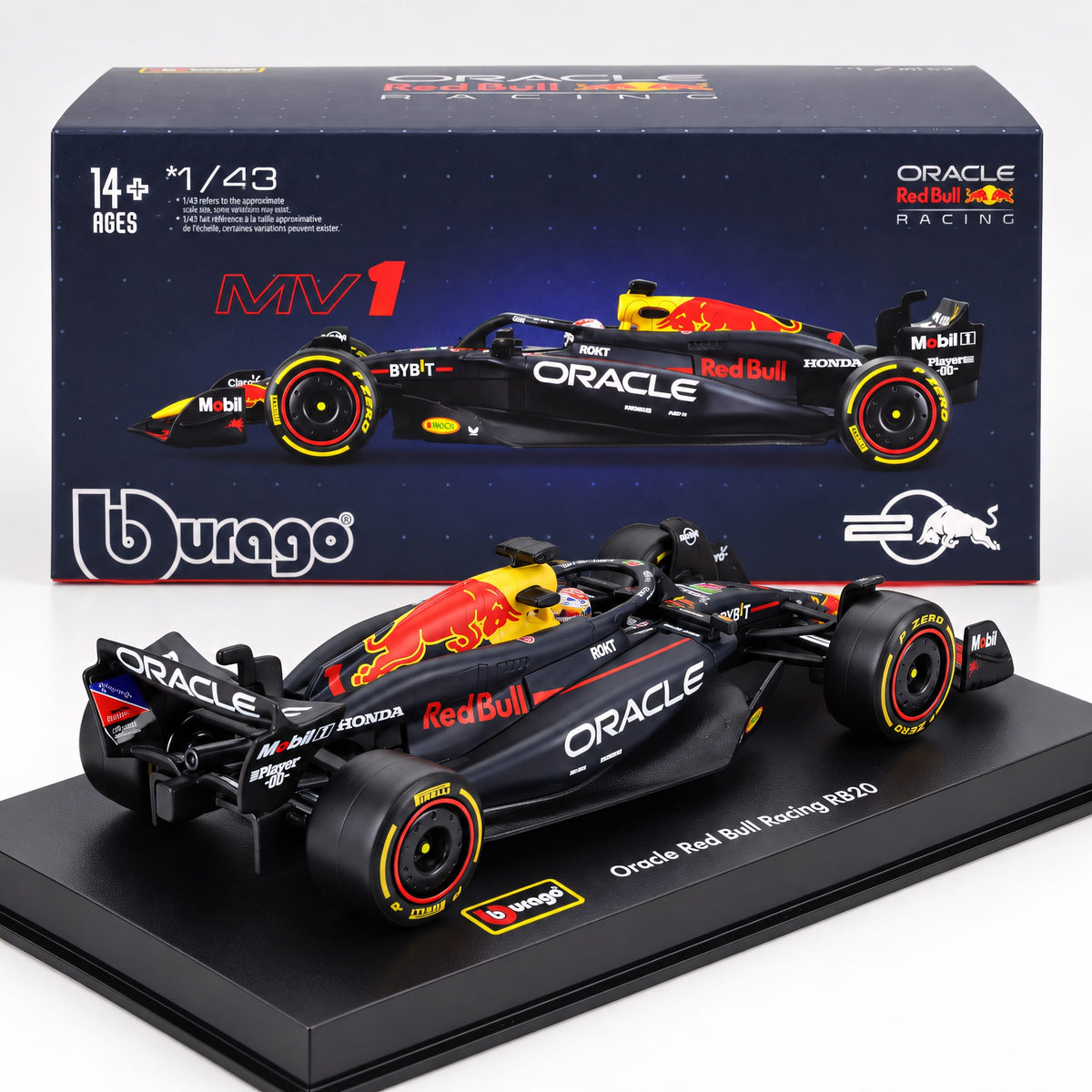 BURAGO - 1/43 - RED BULL - F1 RB20 TEAM ORACLE RED BULL RACING N 1 WORLD CHAMPION SEASON 2024 MAX VERSTAPPEN - WITH PILOT AND SHOWCASE - BLUE YELLOW RED (18-38098-V)