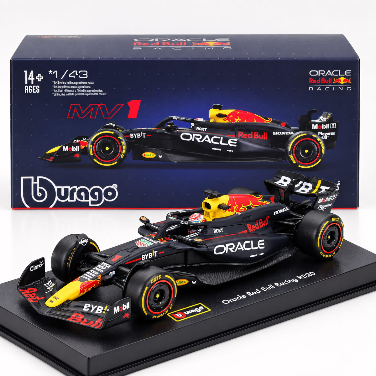 BURAGO - 1/43 - RED BULL - F1 RB20 TEAM ORACLE RED BULL RACING N 1 WORLD CHAMPION SEASON 2024 MAX VERSTAPPEN - WITH PILOT AND SHOWCASE - BLUE YELLOW RED (18-38098-V)