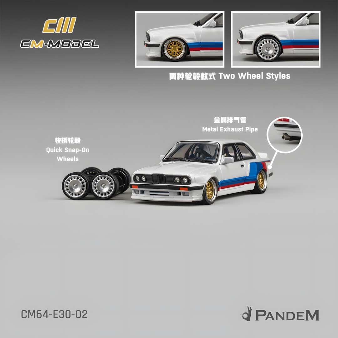 CM MODEL 1/64 Pandem M3 E30 Alpine White with M Tri-Stripes (CM64-E30-02)