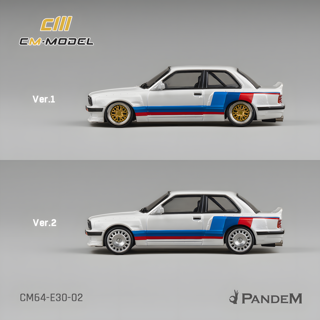 CM MODEL 1/64 Pandem M3 E30 Alpine White with M Tri-Stripes (CM64-E30-02)