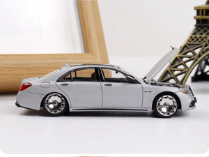 Rhino Model 1:64 AMG S63 S-Class MK6 W222 Grey with Low Ride Low Stance Wheels Openable Front Hood Detailed Engine