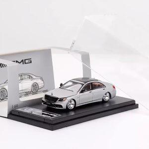 Rhino Model 1:64 AMG S63 S-Class MK6 W222 Grey with Low Ride Low Stance Wheels Openable Front Hood Detailed Engine
