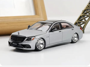 Rhino Model 1:64 AMG S63 S-Class MK6 W222 Grey with Low Ride Low Stance Wheels Openable Front Hood Detailed Engine