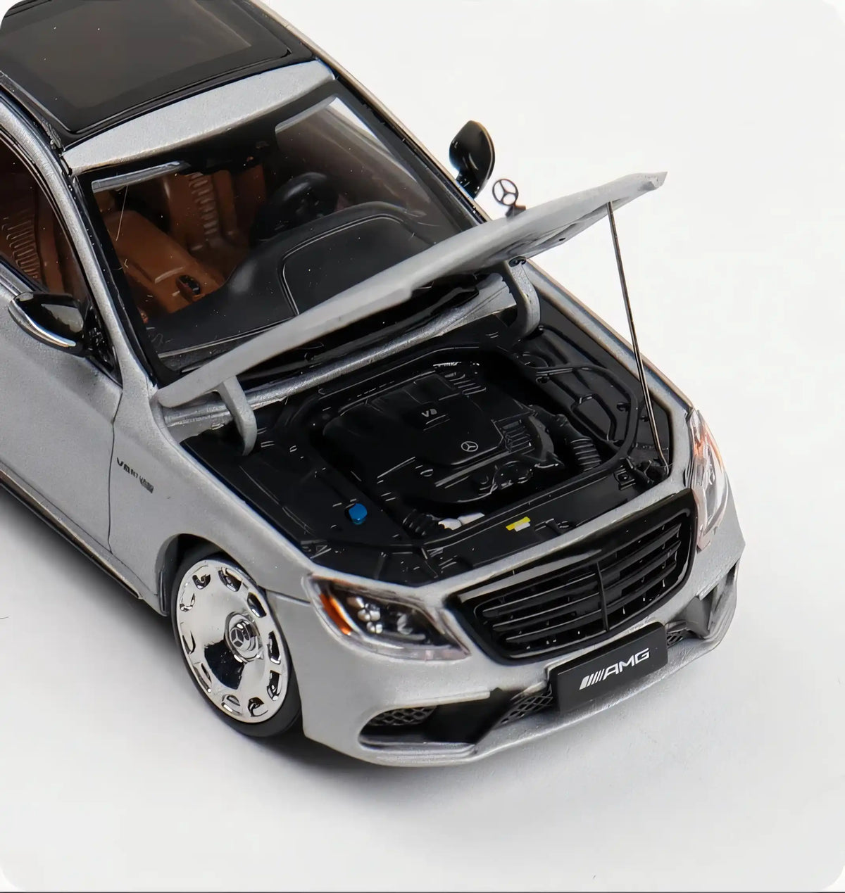 Rhino Model 1:64 AMG S63 S-Class MK6 W222 Grey with Low Ride Low Stance Wheels Openable Front Hood Detailed Engine