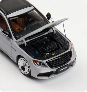 Rhino Model 1:64 AMG S63 S-Class MK6 W222 Grey with Low Ride Low Stance Wheels Openable Front Hood Detailed Engine