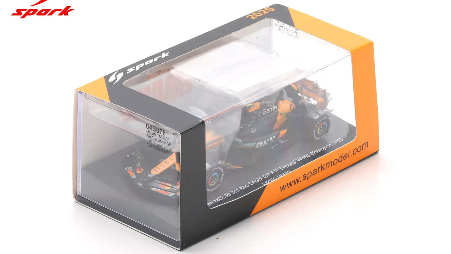 SPARK 1/64 McLAREN MCL39 #4 LANDO NORRIS WORLD CHAMPION ABU DHABI GP 2025 (64S078)